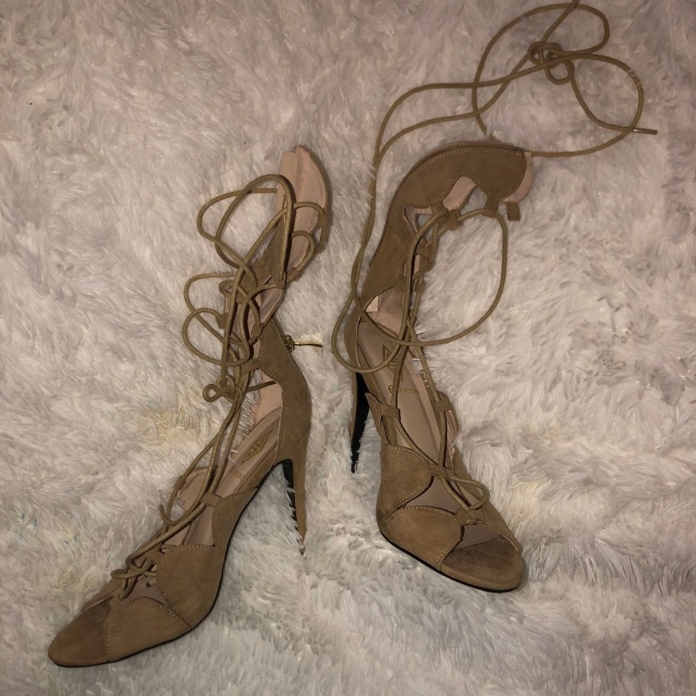 Tan colored, peep toe heels